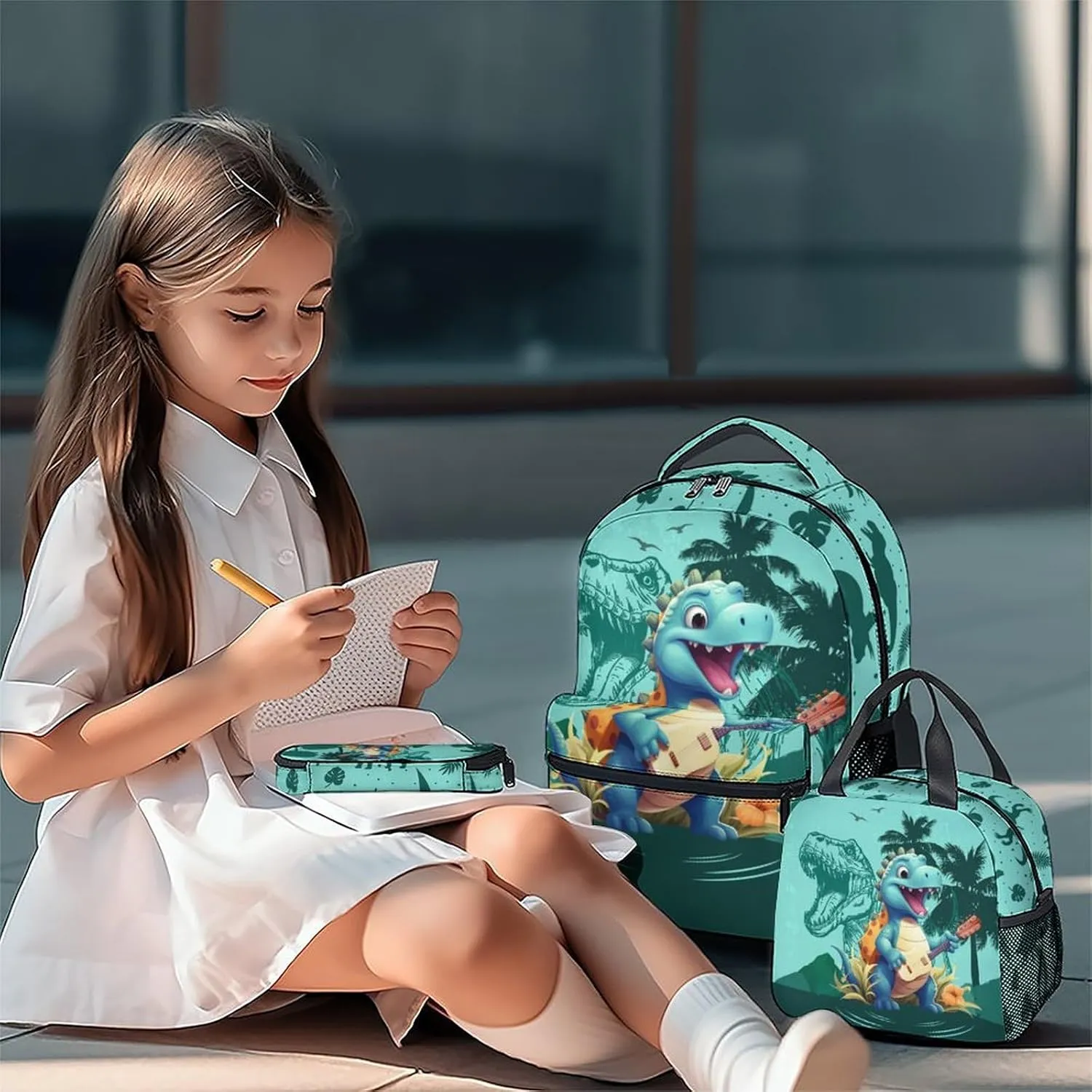 Kids Backpack School Bookbags, Dinosaur Backpack for Girls Boys, 17 Inch School Backpacks for Primary Elementary, Cute Bookbag with Lunch Box and Pencil Case