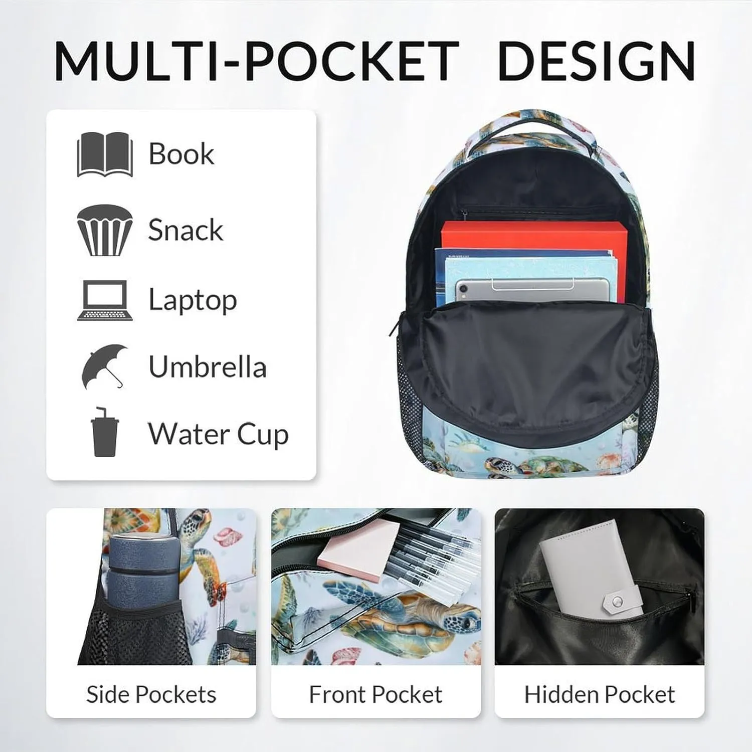 Kids Bookbag - Sea Turtle Backpack for Boys Girls - 17 Inch School Backpack for Primary Middle College - Cute School Bag for Children