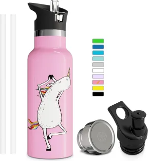 Kids Water Bottle Easy-Sip Straw Lid Leak-Proof Insulated Stainless Steel Thermos Perfect for School & Pickleball 3 Lids BPA-Free Keeps Drinks Cold for 24 Hours