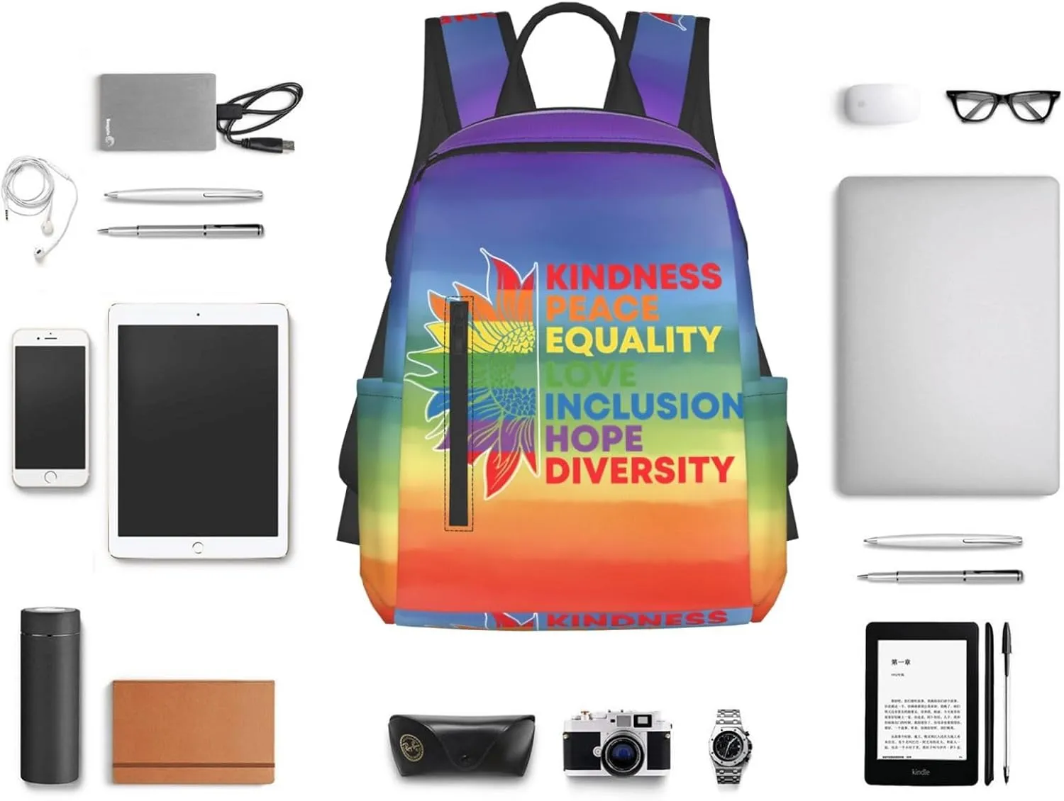 Kindness Peace Equality Love Inclusion Pride Sunflower Travel Laptop Backpack Casual Backpacks Double Shoulder Daypack Notebook Rucksack Work Bags Sports Bag for Gym Hiking Camping Beach