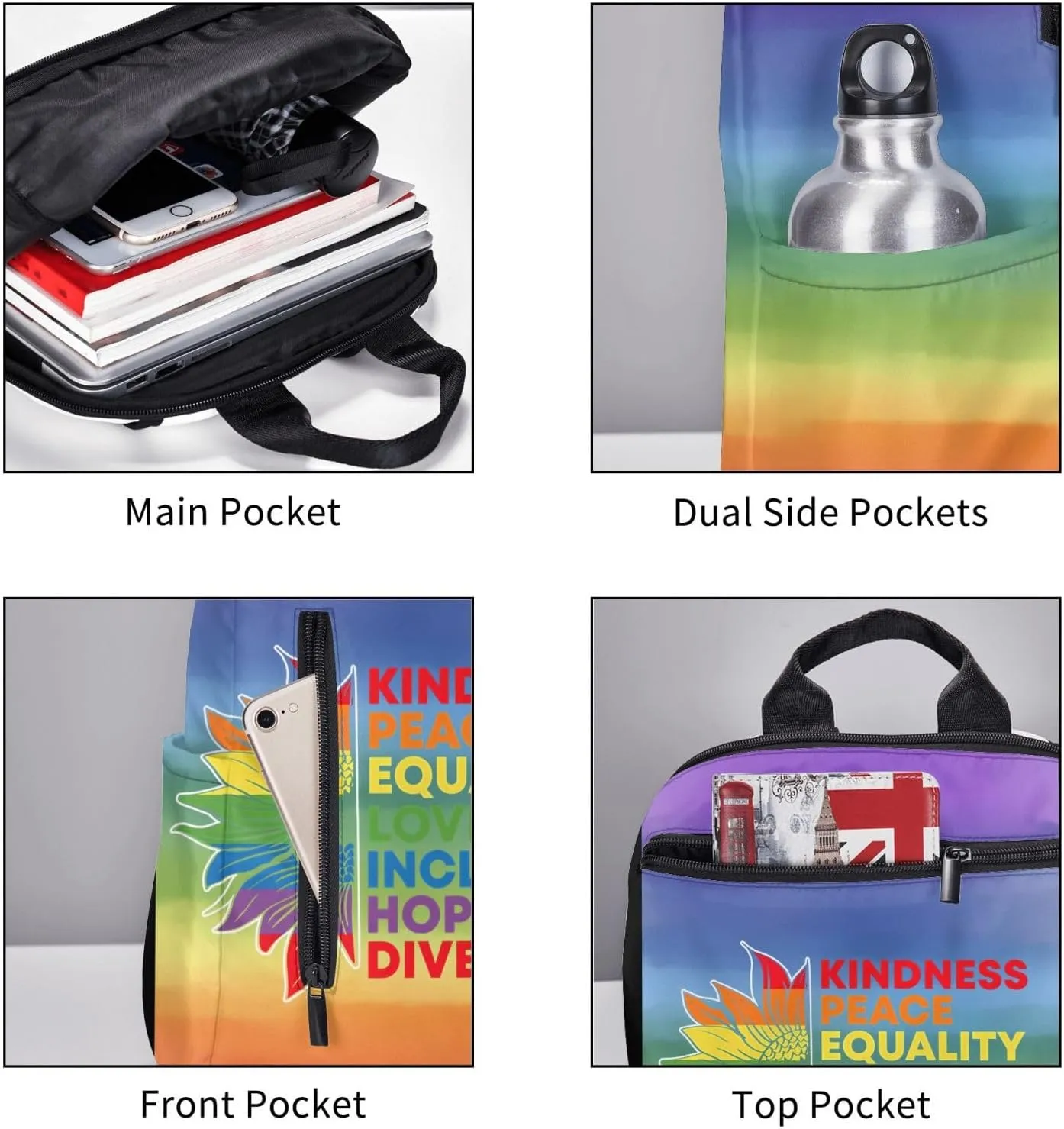 Kindness Peace Equality Love Inclusion Pride Sunflower Travel Laptop Backpack Casual Backpacks Double Shoulder Daypack Notebook Rucksack Work Bags Sports Bag for Gym Hiking Camping Beach
