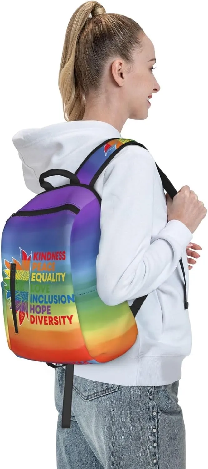 Kindness Peace Equality Love Inclusion Pride Sunflower Travel Laptop Backpack Casual Backpacks Double Shoulder Daypack Notebook Rucksack Work Bags Sports Bag for Gym Hiking Camping Beach