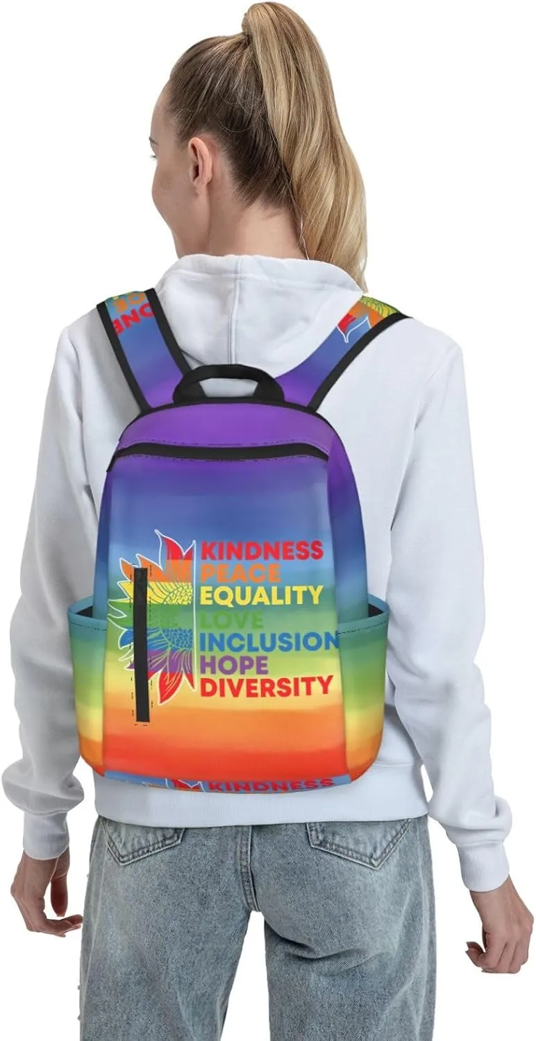 Kindness Peace Equality Love Inclusion Pride Sunflower Travel Laptop Backpack Casual Backpacks Double Shoulder Daypack Notebook Rucksack Work Bags Sports Bag for Gym Hiking Camping Beach