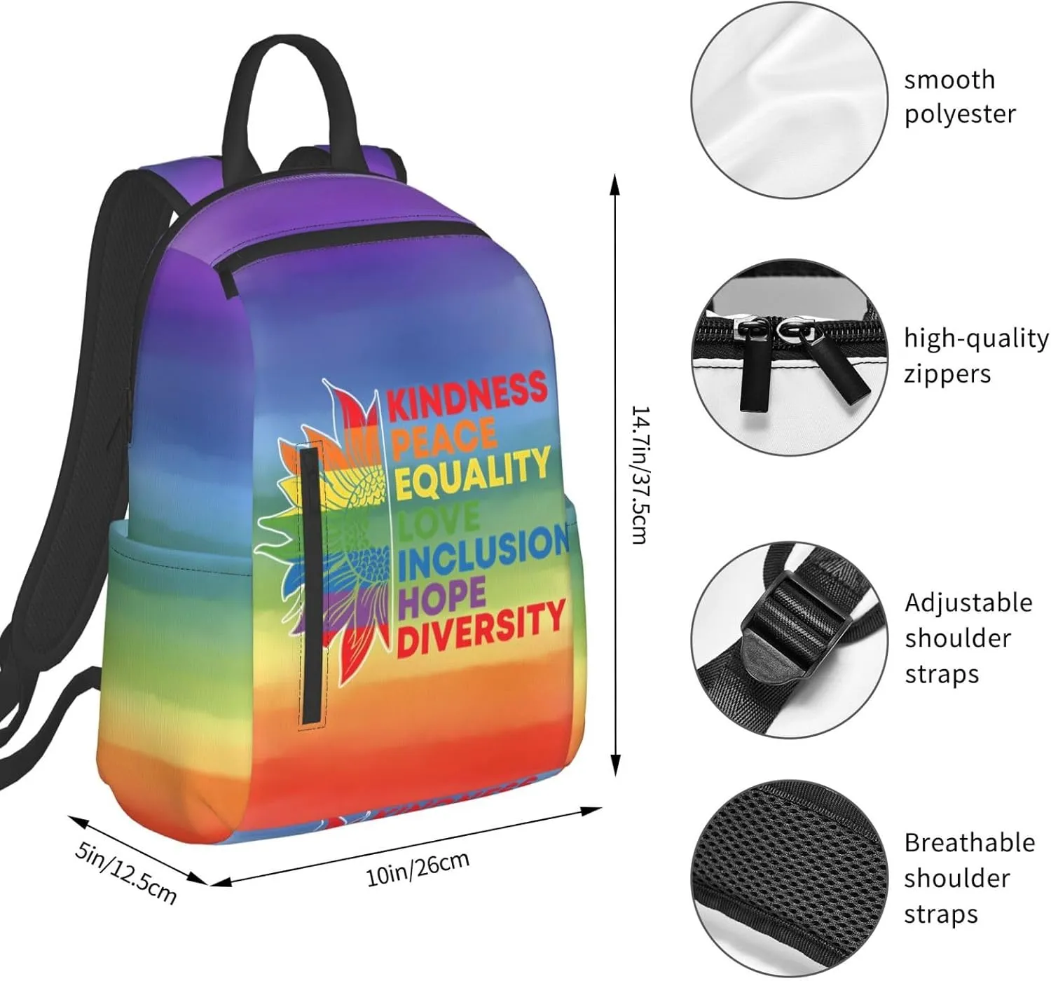 Kindness Peace Equality Love Inclusion Pride Sunflower Travel Laptop Backpack Casual Backpacks Double Shoulder Daypack Notebook Rucksack Work Bags Sports Bag for Gym Hiking Camping Beach