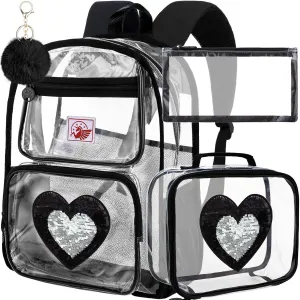 KLFVB Clear Backpack, Heavy Duty Transparent Bookbag, See Through Sequin Backpacks
