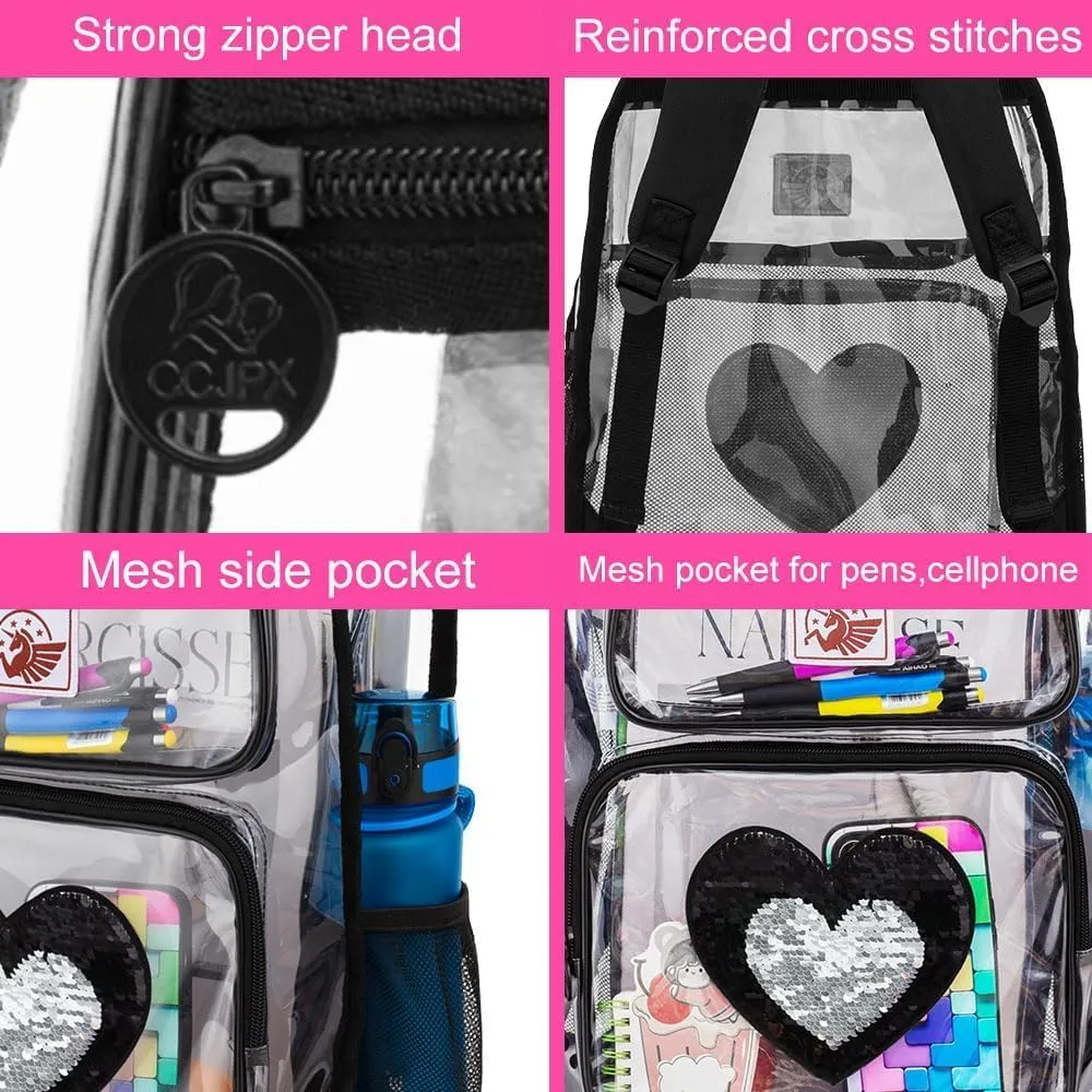 KLFVB Clear Backpack, Heavy Duty Transparent Bookbag, See Through Sequin Backpacks