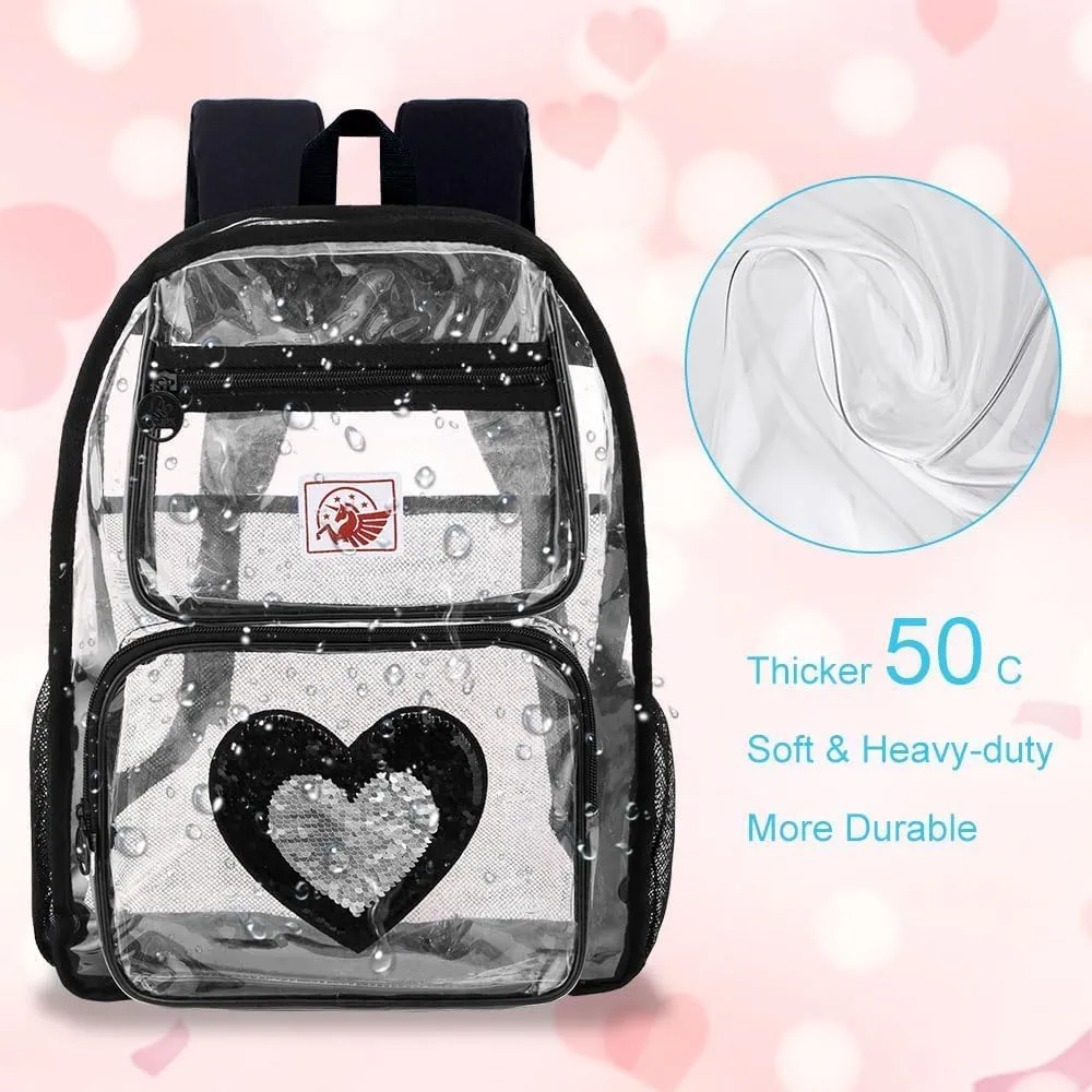 KLFVB Clear Backpack, Heavy Duty Transparent Bookbag, See Through Sequin Backpacks