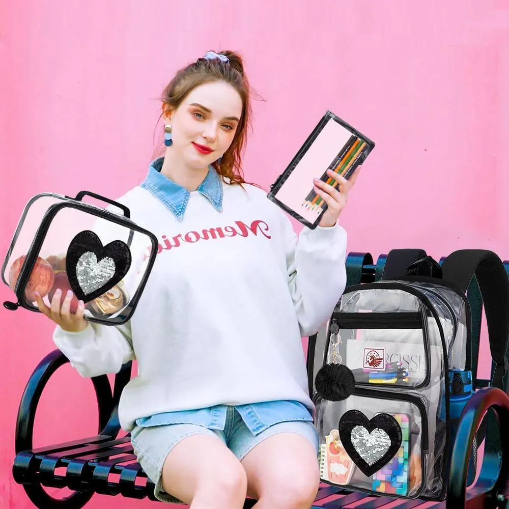 KLFVB Clear Backpack, Heavy Duty Transparent Bookbag, See Through Sequin Backpacks