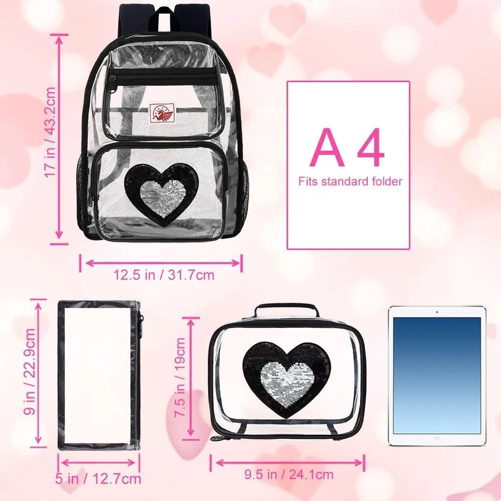 KLFVB Clear Backpack, Heavy Duty Transparent Bookbag, See Through Sequin Backpacks