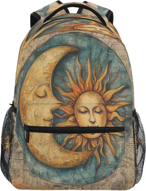 KLL Backpacks for Teenager Waterproof Business Work Bag with Chest Strap for Business Work College Travel Trip Boho Vintage Moon and Sun