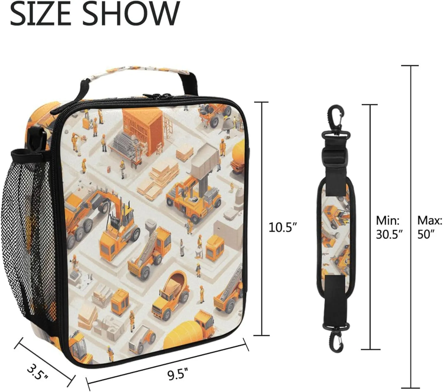 KLL Large Capacity Tote Bag Waterproof Reusable Tote Bag with buckle for Beach Travel Construction Scene Build A House Concrete Mixer Truck Mining Car