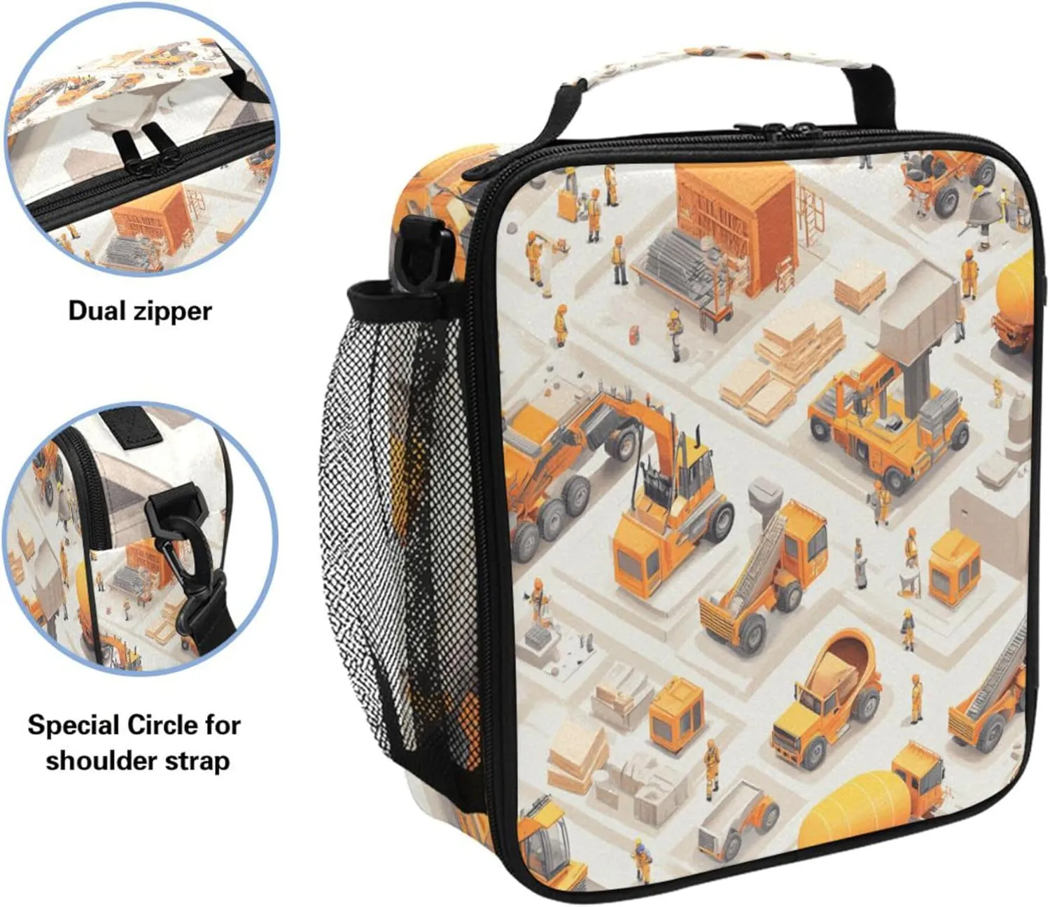 KLL Large Capacity Tote Bag Waterproof Reusable Tote Bag with buckle for Beach Travel Construction Scene Build A House Concrete Mixer Truck Mining Car