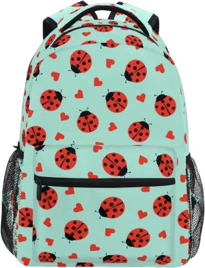 Ladybug Little Hearts Backpack Water-Resistant Lightweight Bookbags Travel Bag with Mesh Side Pockets