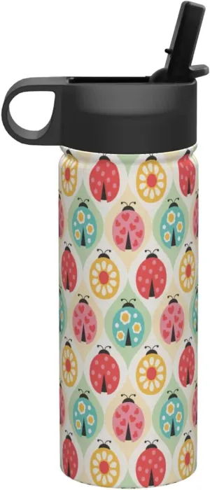 Ladybugs Cartoon Pattern Print Flask Stainless Steel Water Bottle with Straw 18OZ FOR Outdoor Gym Commute