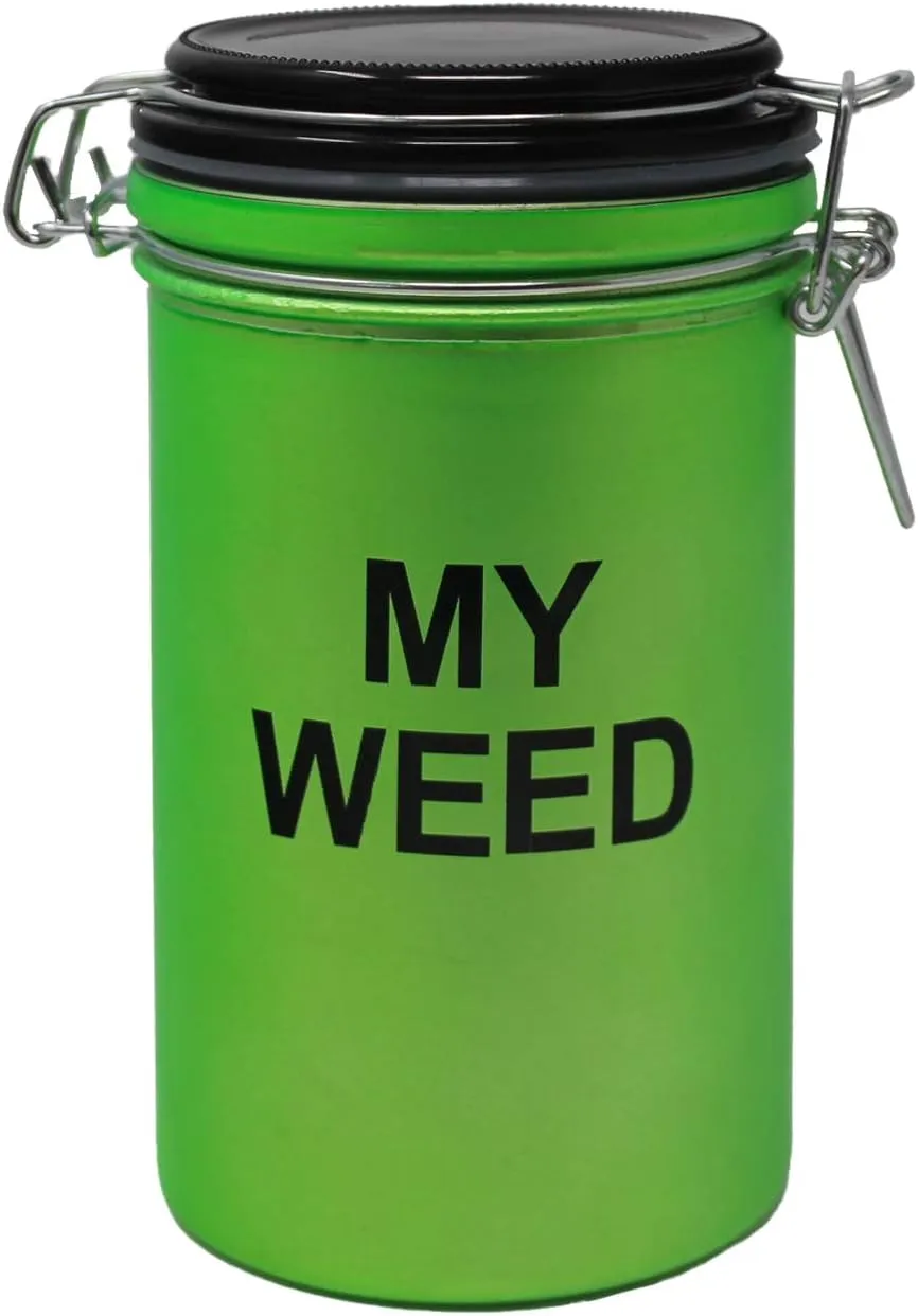 Large 6 inches Tall Airtight Glass Herb Stash Jar - inchesMY WEED inches Green and Black Design