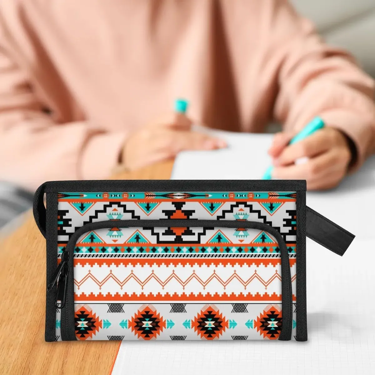 Large Capacity Pencil Case Pouch, Aztec Pattern Portable Zipper Pencil Cases Pencil Bag Office Stationery Bag Makeup Bag Desk Organizer for Women Men