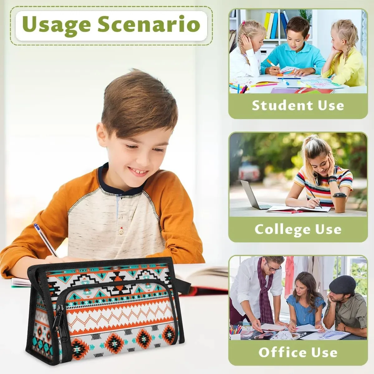 Large Capacity Pencil Case Pouch, Aztec Pattern Portable Zipper Pencil Cases Pencil Bag Office Stationery Bag Makeup Bag Desk Organizer for Women Men