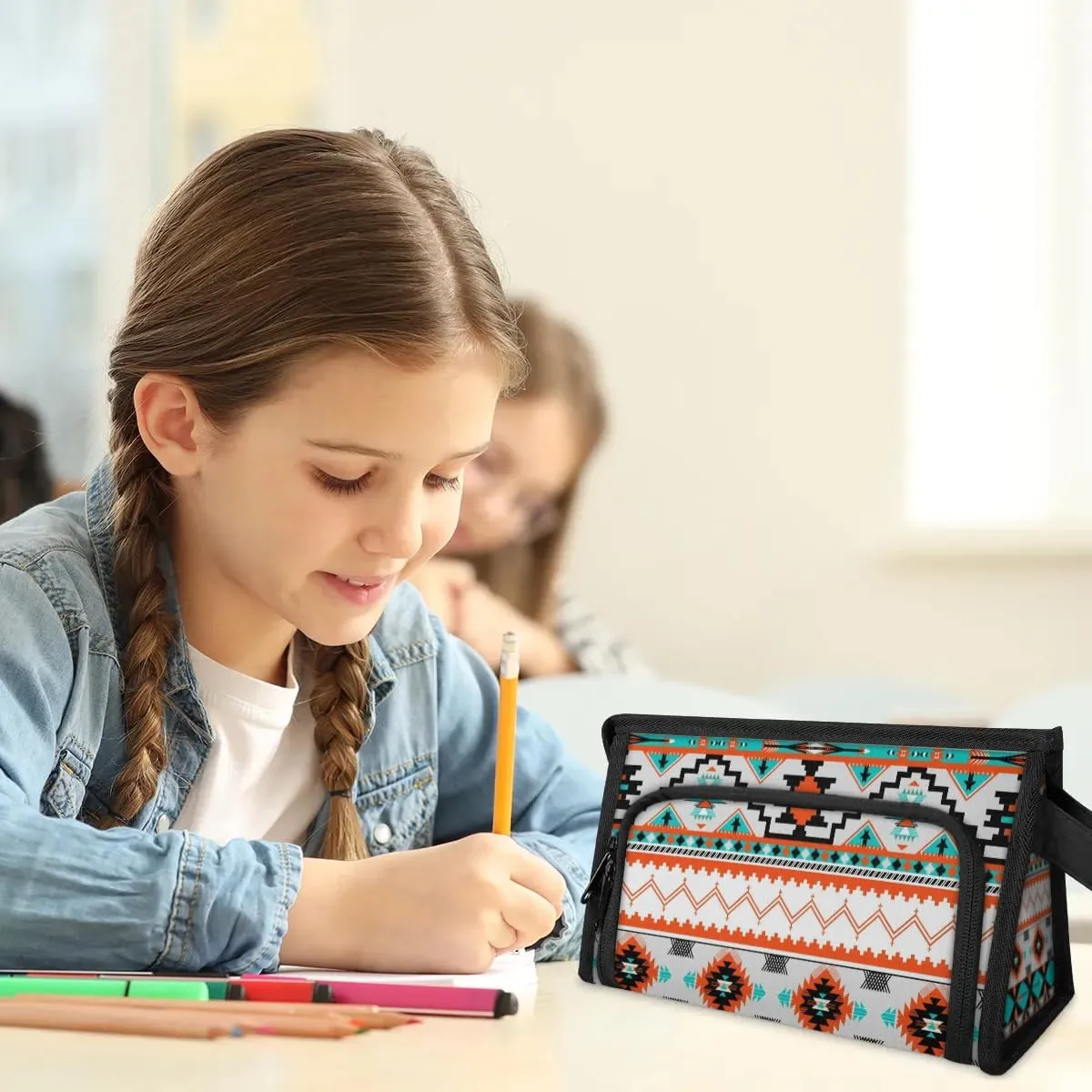 Large Capacity Pencil Case Pouch, Aztec Pattern Portable Zipper Pencil Cases Pencil Bag Office Stationery Bag Makeup Bag Desk Organizer for Women Men
