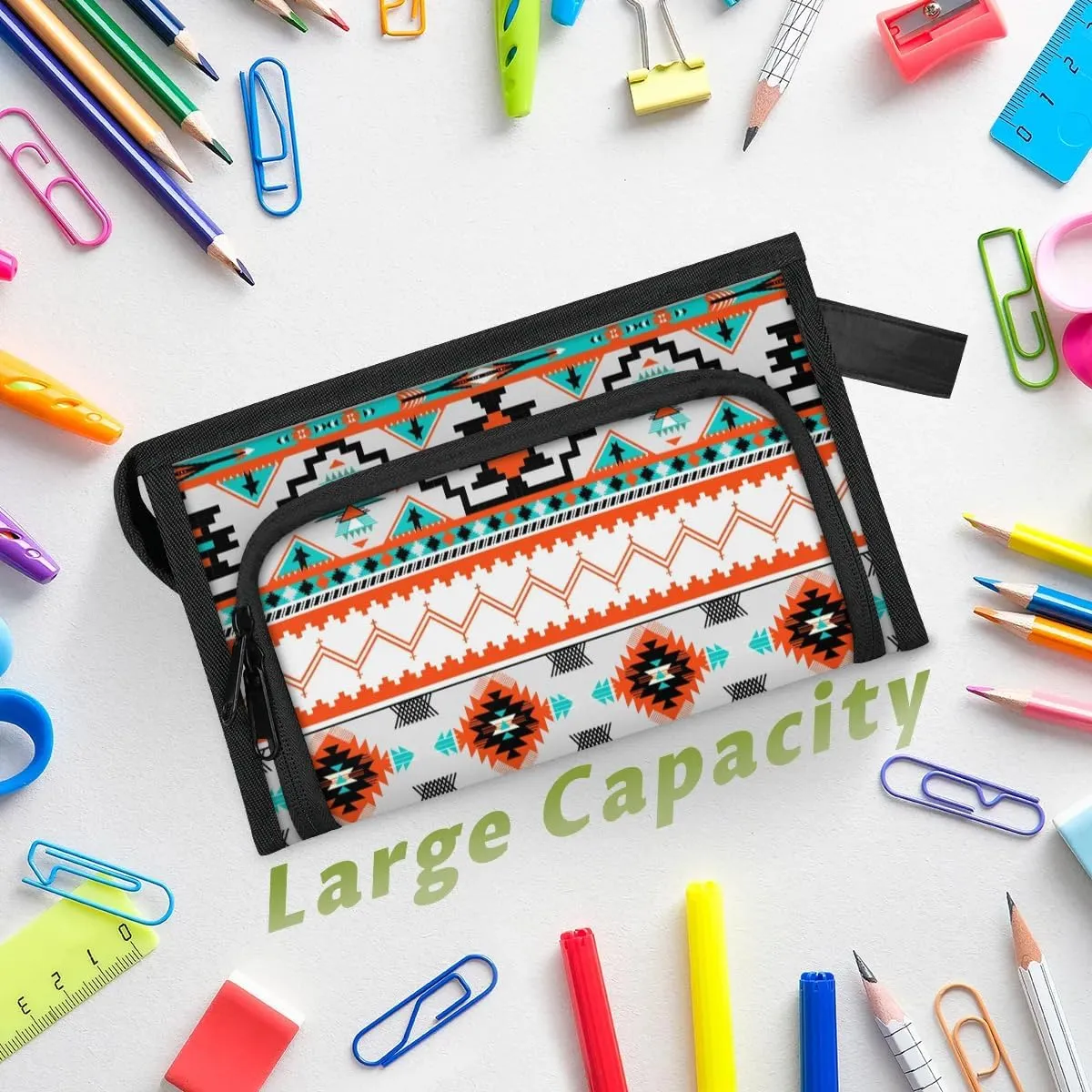 Large Capacity Pencil Case Pouch, Aztec Pattern Portable Zipper Pencil Cases Pencil Bag Office Stationery Bag Makeup Bag Desk Organizer for Women Men