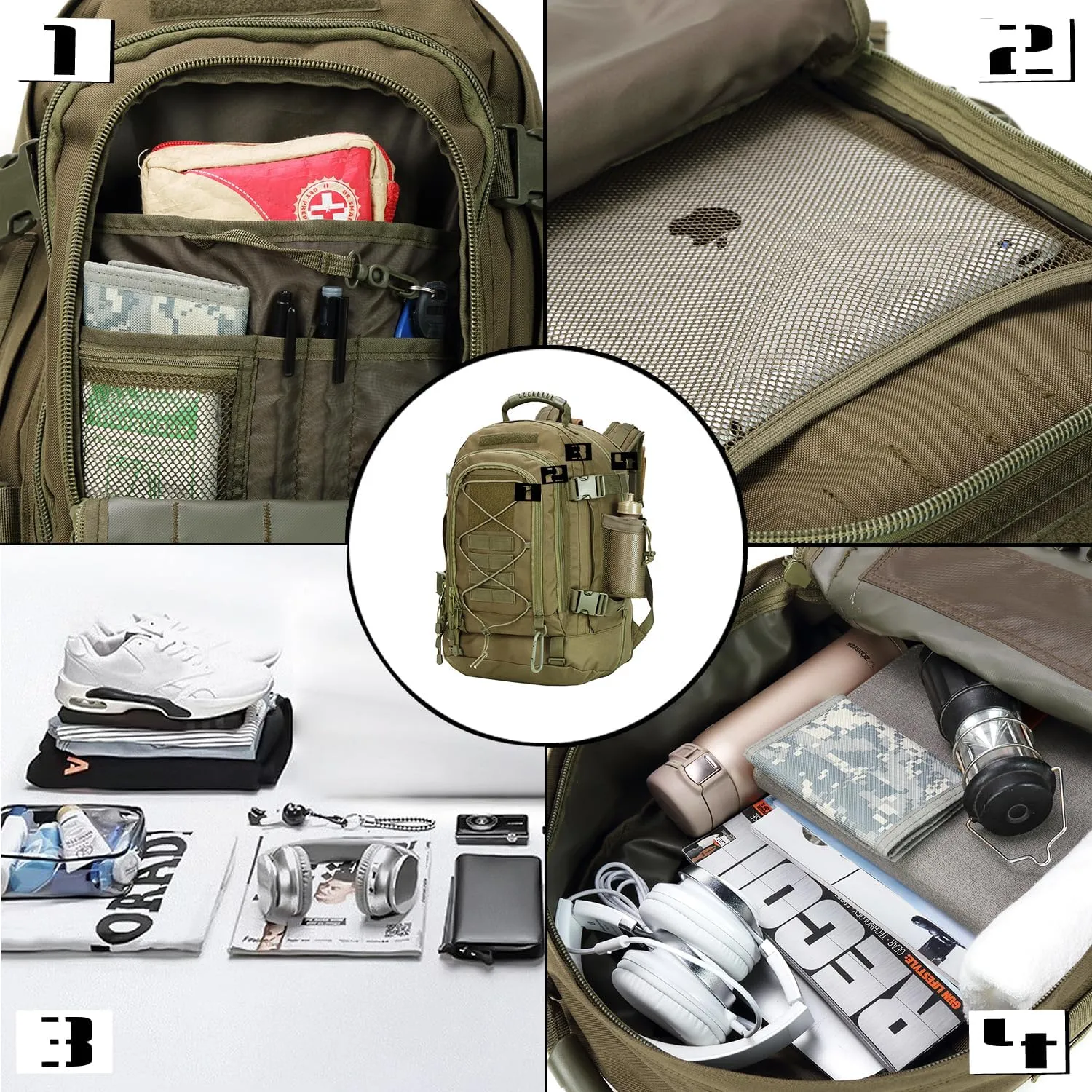 Large Tactical Backpack for Men Military Backpack with DIY System for Travel, Work,Camping,Hunting,Hiking,Sports (GREEN)