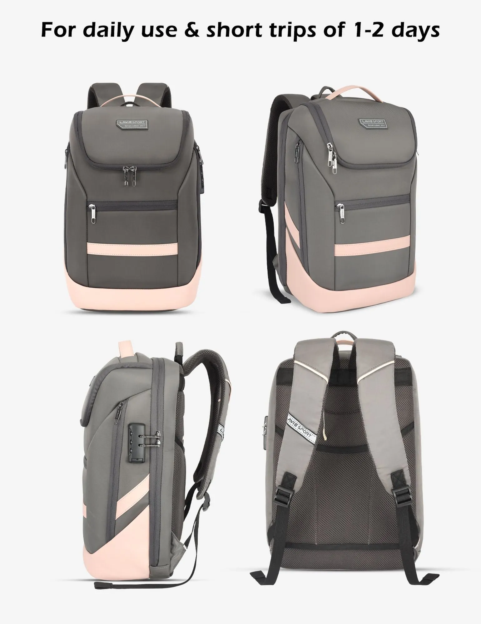 Lavie Sport Emperor 24L Anti-theft Laptop Backpack For Men & Women - Pink/Grey Colour
