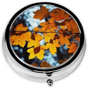 Leaves Autumn Tree Branches Pill Box Round Pill Case for Pocket Purse 3 Compartment Medicine Pill Organizer Cute Portable Travel Pillbox Vitamin Cod Liver Oil Storage Box Unique Gift Organizer