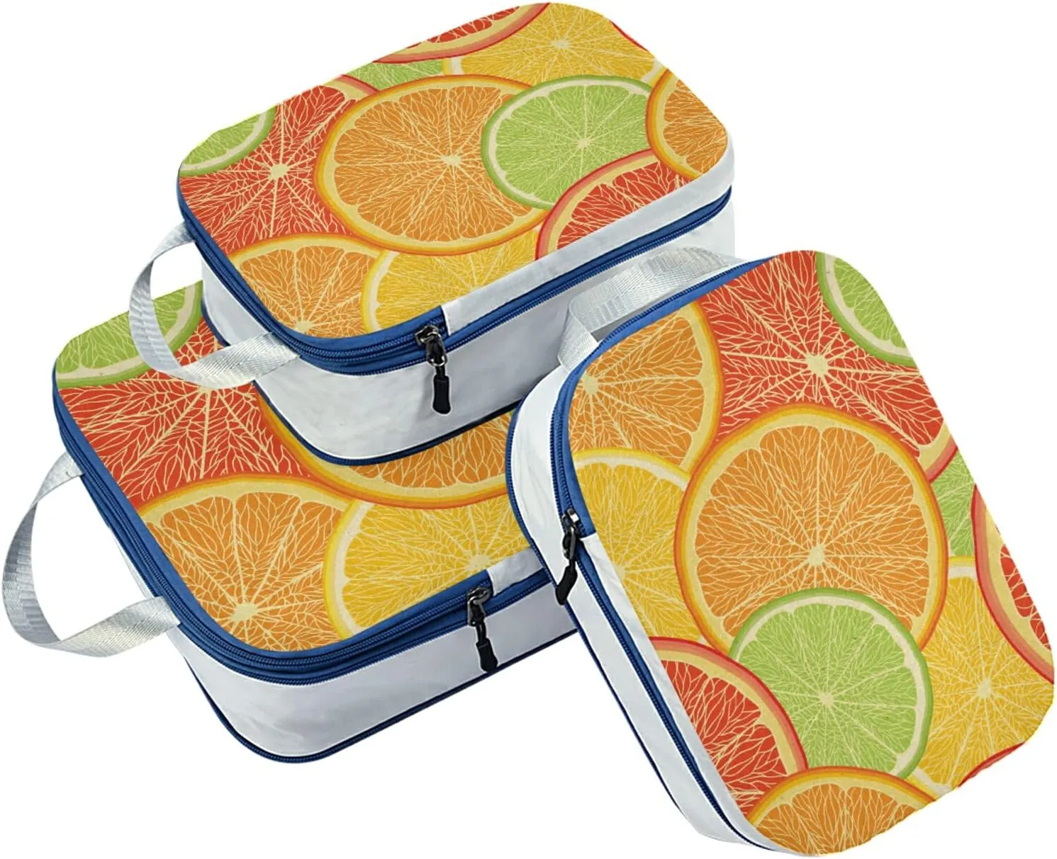 Lemon Orange Citrus Fruit Slices Red Green Yellow Pattern 3 Set Packing Cubes, Travel Packing Organizers for Suitcases, Waterproof Check Oxford Toiletry Compression Luggage Storage Bag
