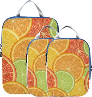Lemon Orange Citrus Fruit Slices Red Green Yellow Pattern 3 Set Packing Cubes, Travel Packing Organizers for Suitcases, Waterproof Check Oxford Toiletry Compression Luggage Storage Bag