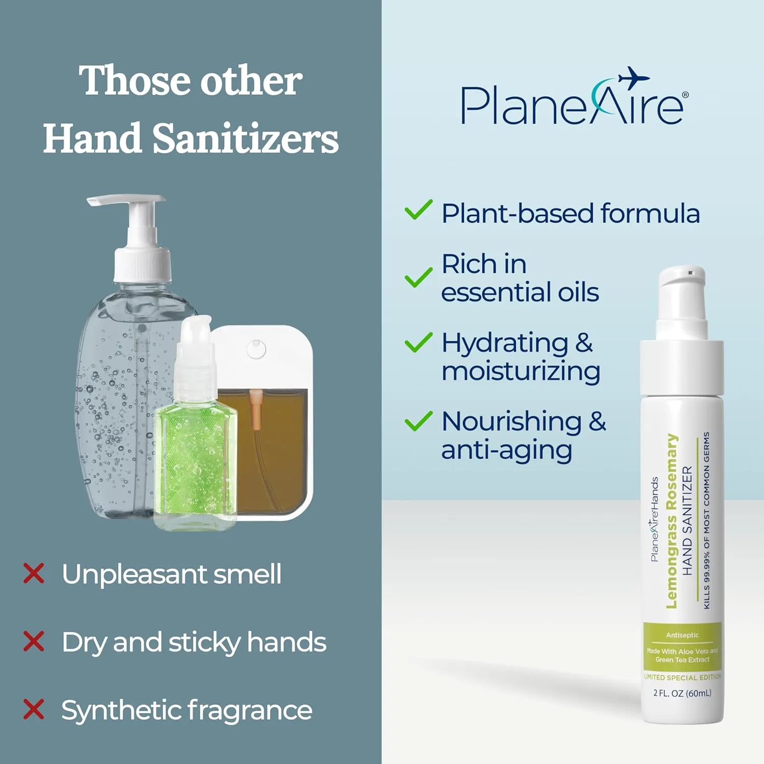 Lemongrass Rosemary Lotion Hand Sanitizer | Travel Size | Cleanse & Moisturize | Made with Aloe Vera & Essential Oils | Rich in Vitamin E | Lemongrass Essential Oil | Green Tea Extract | 3-Pack