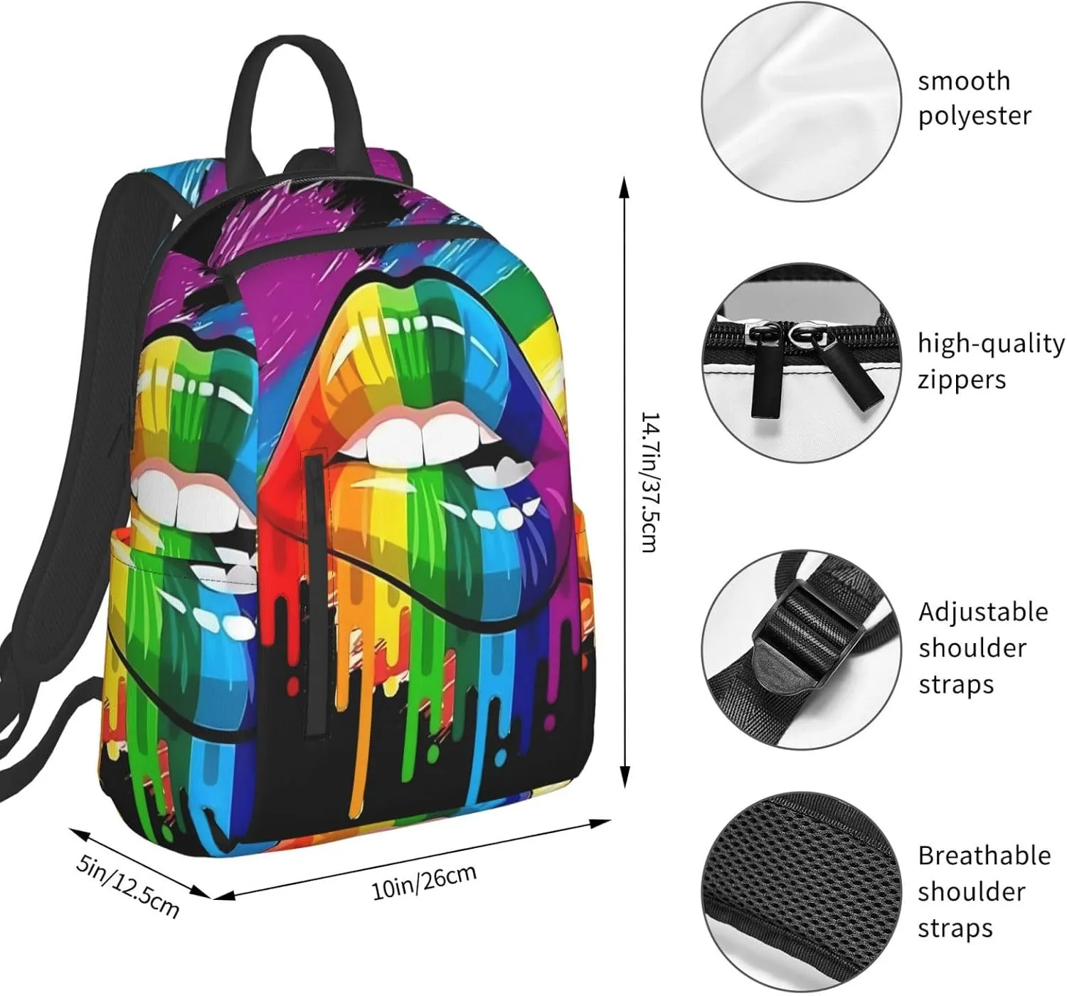 LGBT Gay Lesbian Pride Rainbow Lip Graffiti Heart Travel Laptop Backpack Casual Backpacks Double Shoulder Daypack Notebook Rucksack Work Bags Sports Bag for Hiking Camping Beach
