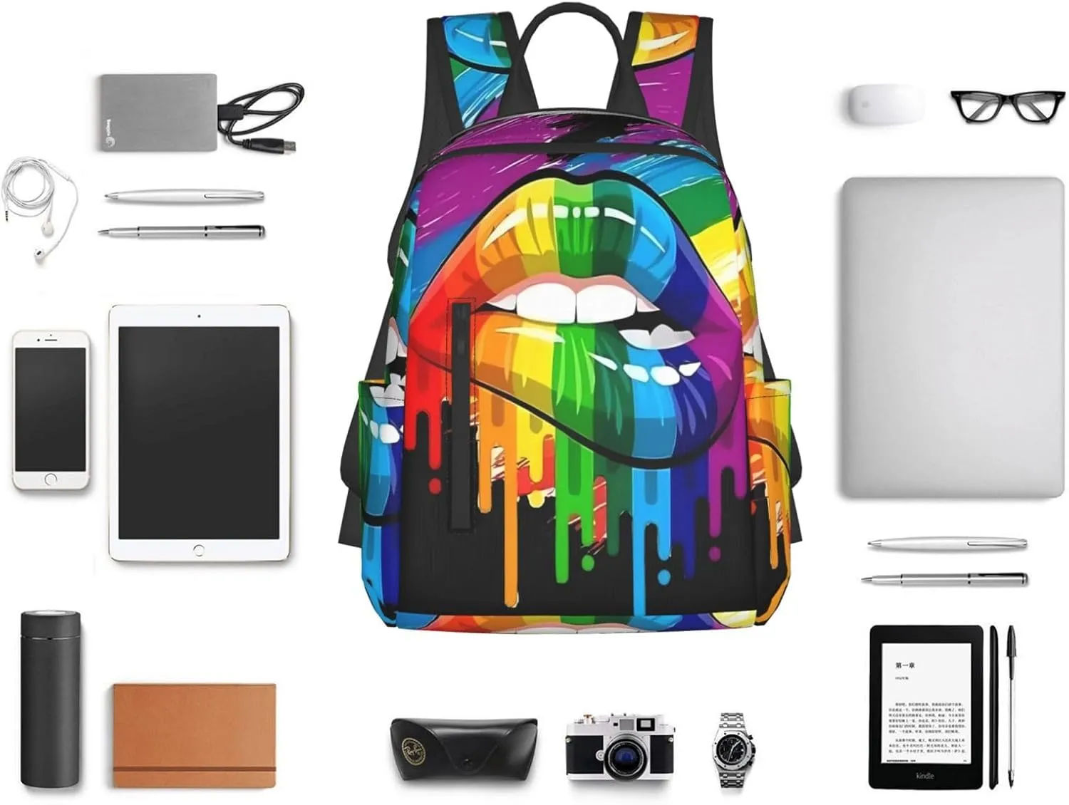 LGBT Gay Lesbian Pride Rainbow Lip Graffiti Heart Travel Laptop Backpack Casual Backpacks Double Shoulder Daypack Notebook Rucksack Work Bags Sports Bag for Hiking Camping Beach