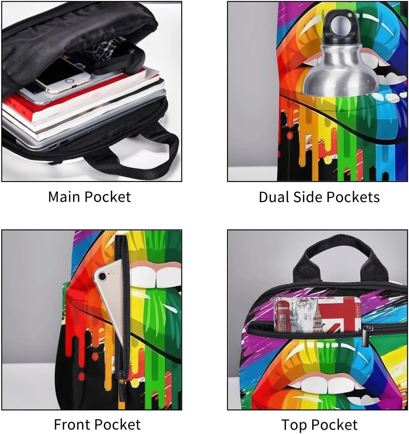 LGBT Gay Lesbian Pride Rainbow Lip Graffiti Heart Travel Laptop Backpack Casual Backpacks Double Shoulder Daypack Notebook Rucksack Work Bags Sports Bag for Hiking Camping Beach