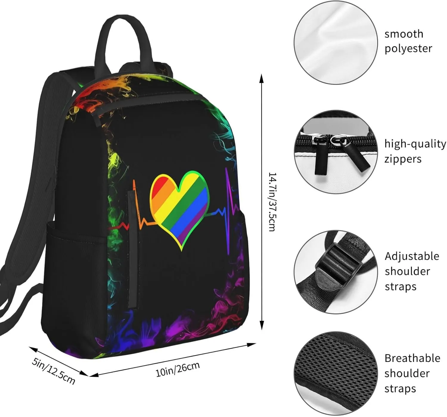 LGBT Rainbow Gay Pride Heart Beat Pulse Travel Laptop Backpack Casual Backpacks Double Shoulder Daypack Notebook Rucksack Work Bags Sports Bag for Hiking Camping Beach