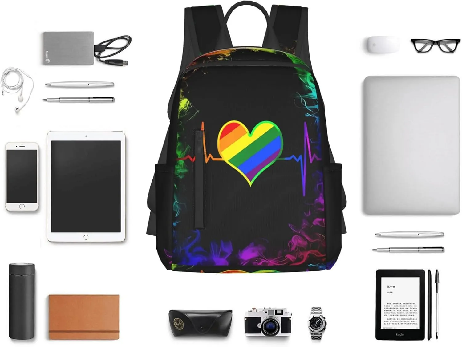 LGBT Rainbow Gay Pride Heart Beat Pulse Travel Laptop Backpack Casual Backpacks Double Shoulder Daypack Notebook Rucksack Work Bags Sports Bag for Hiking Camping Beach