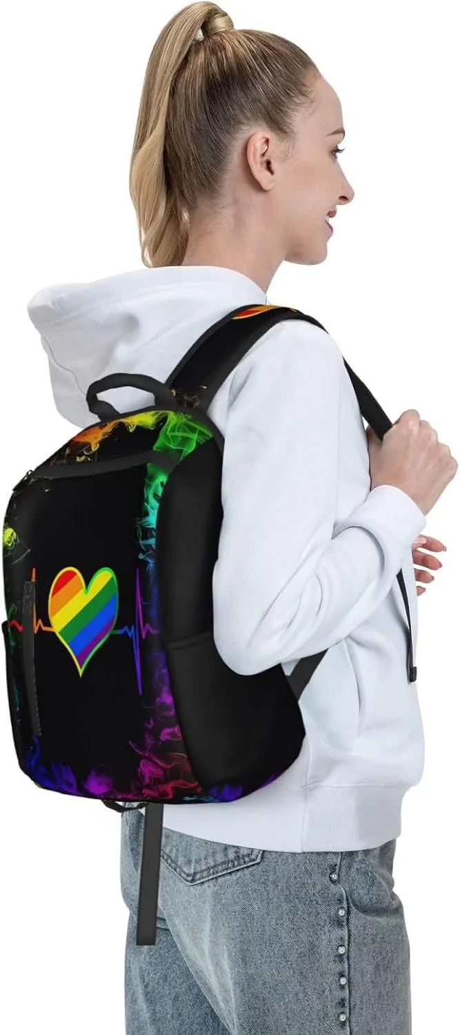LGBT Rainbow Gay Pride Heart Beat Pulse Travel Laptop Backpack Casual Backpacks Double Shoulder Daypack Notebook Rucksack Work Bags Sports Bag for Hiking Camping Beach