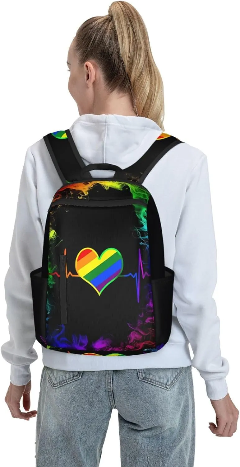 LGBT Rainbow Gay Pride Heart Beat Pulse Travel Laptop Backpack Casual Backpacks Double Shoulder Daypack Notebook Rucksack Work Bags Sports Bag for Hiking Camping Beach