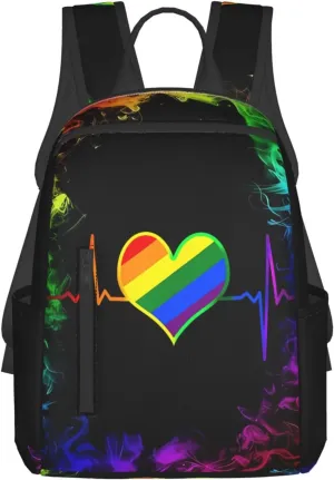 LGBT Rainbow Gay Pride Heart Beat Pulse Travel Laptop Backpack Casual Backpacks Double Shoulder Daypack Notebook Rucksack Work Bags Sports Bag for Hiking Camping Beach
