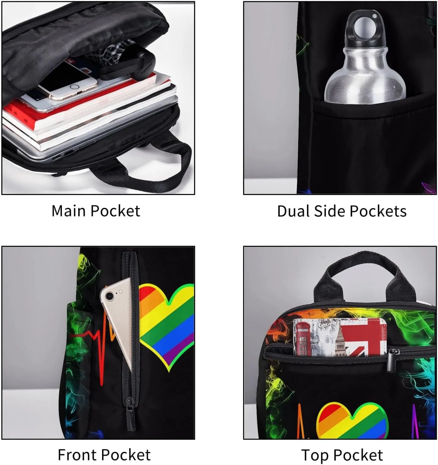 LGBT Rainbow Gay Pride Heart Beat Pulse Travel Laptop Backpack Casual Backpacks Double Shoulder Daypack Notebook Rucksack Work Bags Sports Bag for Hiking Camping Beach