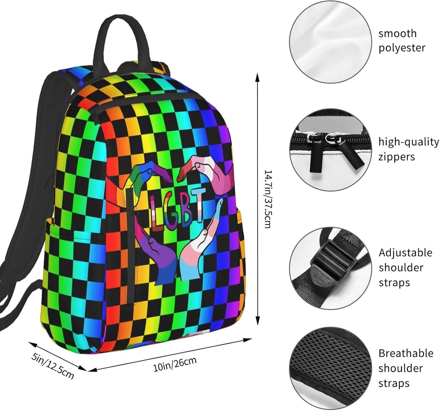 LGBT Rainbow Gay Pride Heart Gesture Travel Laptop Backpack Casual Backpacks Double Shoulder Daypack Notebook Rucksack Work Bags Sports Bag for Hiking Camping Beach