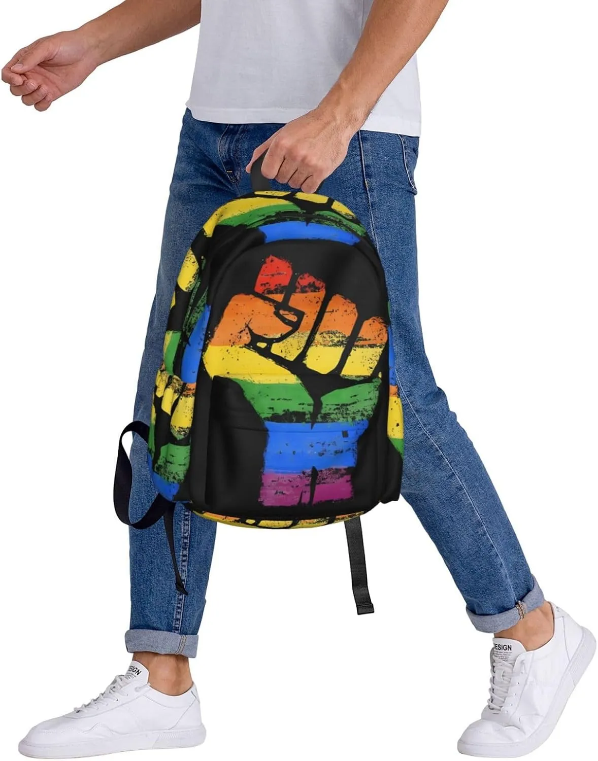 LGBT Rainbow Gay Pride Make A Fist Raise Your Hand 17 Inch Casual Backpack Laptop Backpacks Travel Back Pack Large Camping Rucksack Hiking Daypack Lightweight Double Shoulder Bag