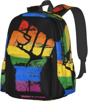 LGBT Rainbow Gay Pride Make A Fist Raise Your Hand 17 Inch Casual Backpack Laptop Backpacks Travel Back Pack Large Camping Rucksack Hiking Daypack Lightweight Double Shoulder Bag