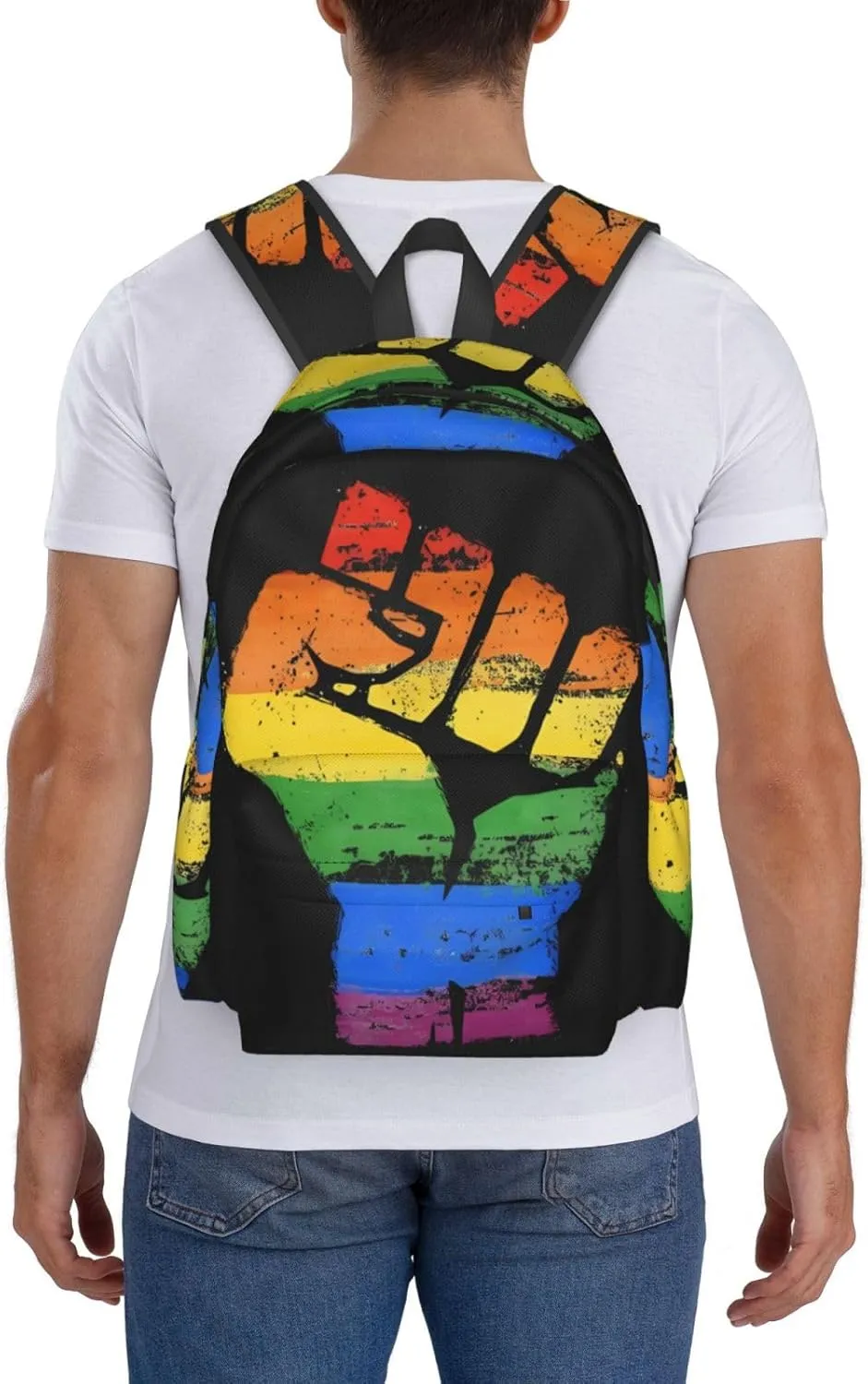 LGBT Rainbow Gay Pride Make A Fist Raise Your Hand 17 Inch Casual Backpack Laptop Backpacks Travel Back Pack Large Camping Rucksack Hiking Daypack Lightweight Double Shoulder Bag
