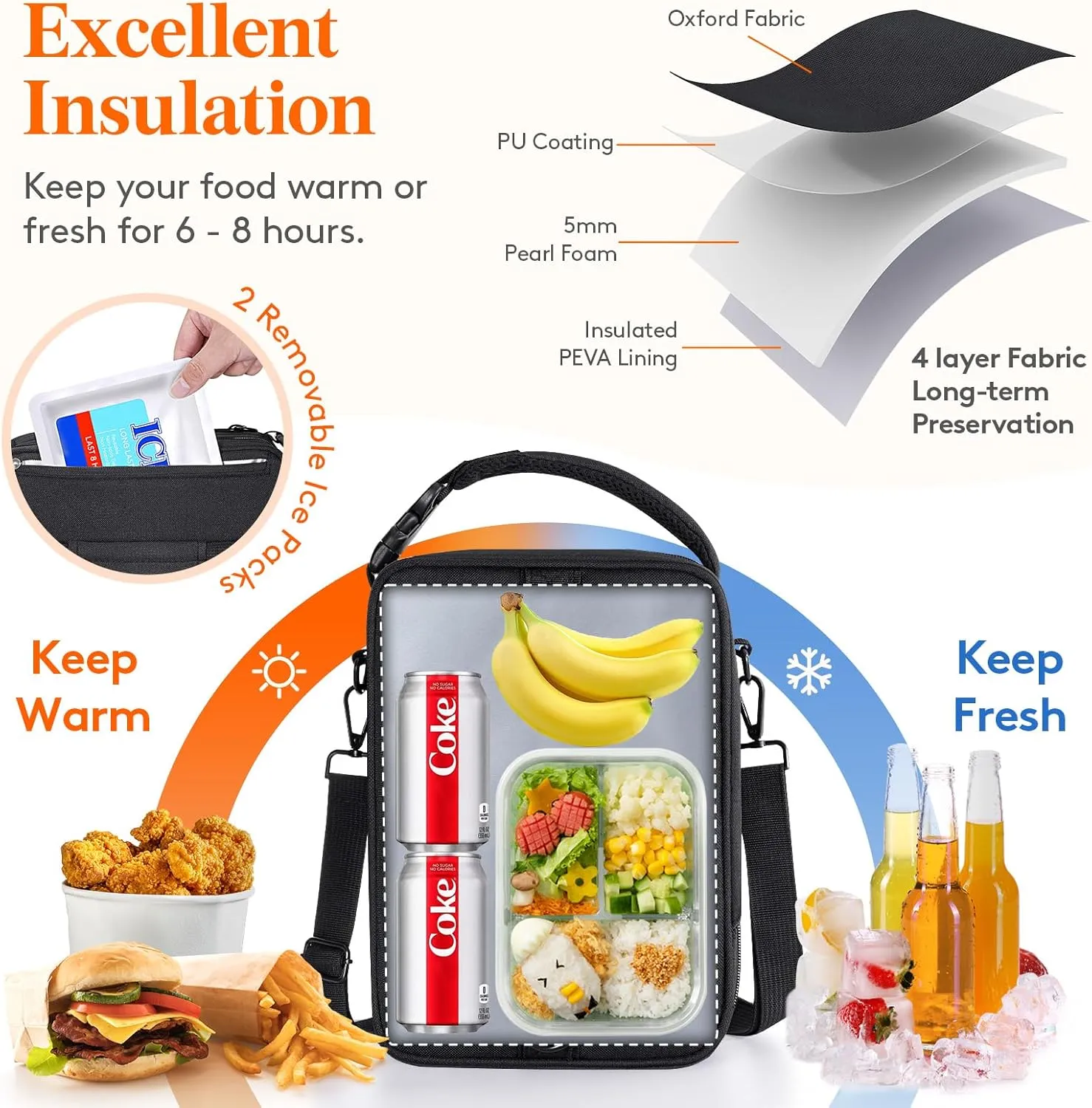 Lifewit Expandable Lunch Box for Men, Insulated Lunch Bag, Portable Cooler Bag with Shoulder Straps and 2 Ice Packs for Men Women Adult for Work College Travel, 6.5L 12 Cans Black