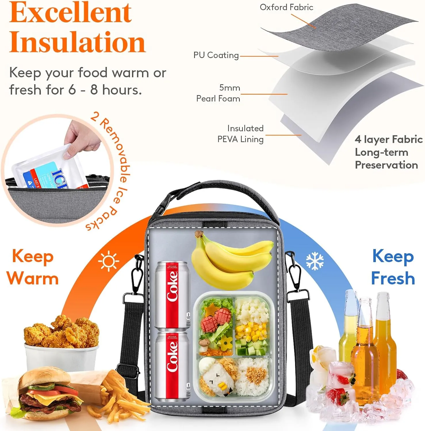 Lifewit Expandable Lunch Box for Men, Insulated Lunch Bag, Portable Cooler Bag with Shoulder Straps and 2 Ice Packs for Men Women Adult for Work College Travel, 6.5L 12 Cans Gray