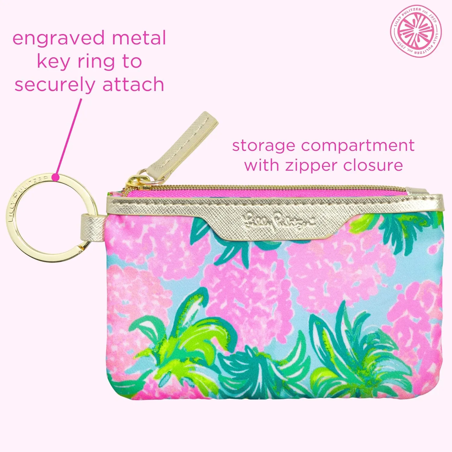 Lilly Pulitzer ID Case Keychain Wallet with Zip Close, Cute Durable Card Holder for Women Teen Girls, Pineapple Shake
