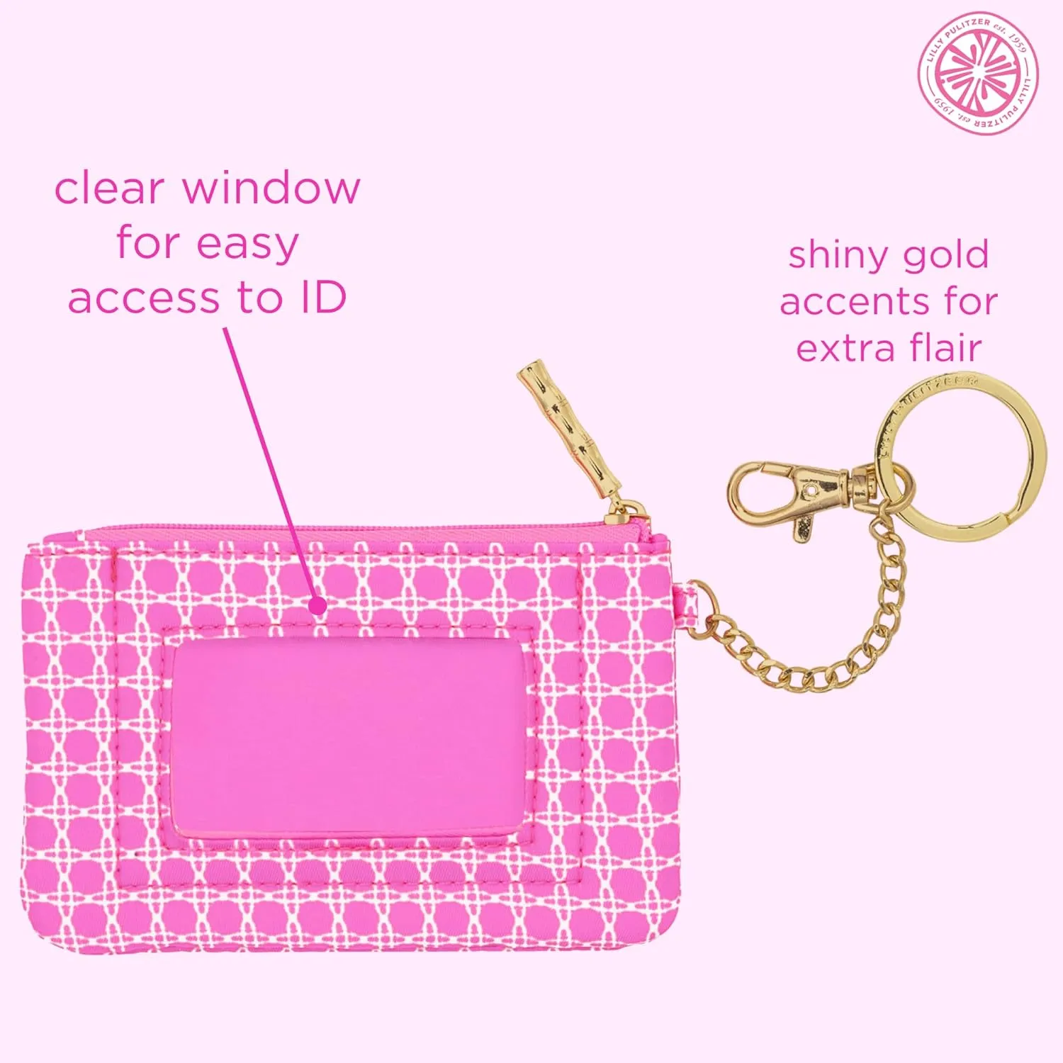 Lilly Pulitzer ID Holder Wallet, Wallet with Zip Close, Cute Card and ID Case for Women, Havana Pink Caning