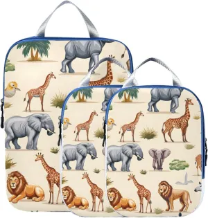 Lion Elephant Gazelle Animal Compression Packing Cubes for Travel Packing Organizers Backpack 3 Pack Luggage Travel Essentials Carry Must Haves Waterproof Suitcase Storage Bags