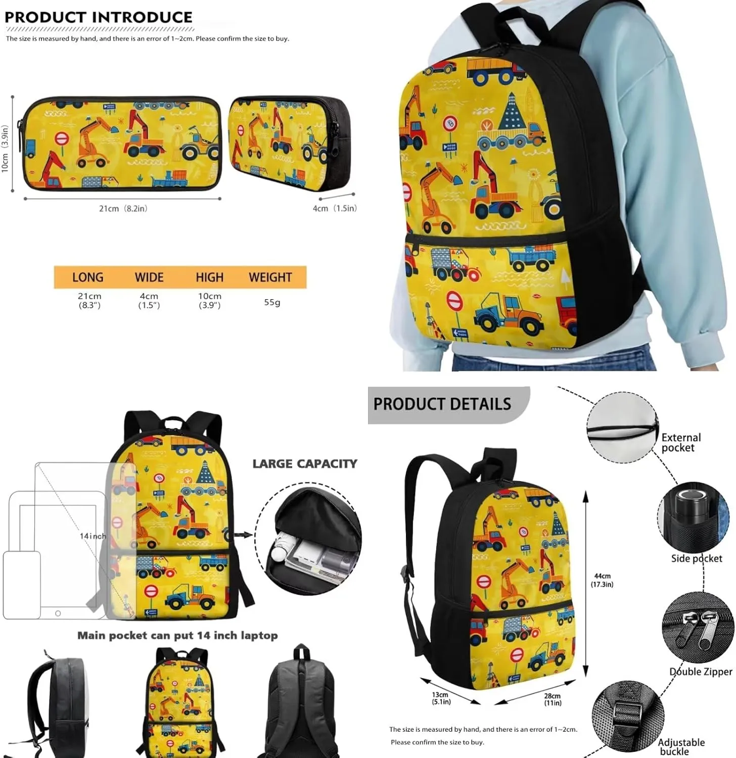 Lotusorchid Excavator Kids Backpack Cartoon for School, Kids School Bag with Lunch Bag Pencil Case, Comfy Bookbag with External Pocket, Kids 3 Pack Backpack Set for Elementary Junior School, Yellow