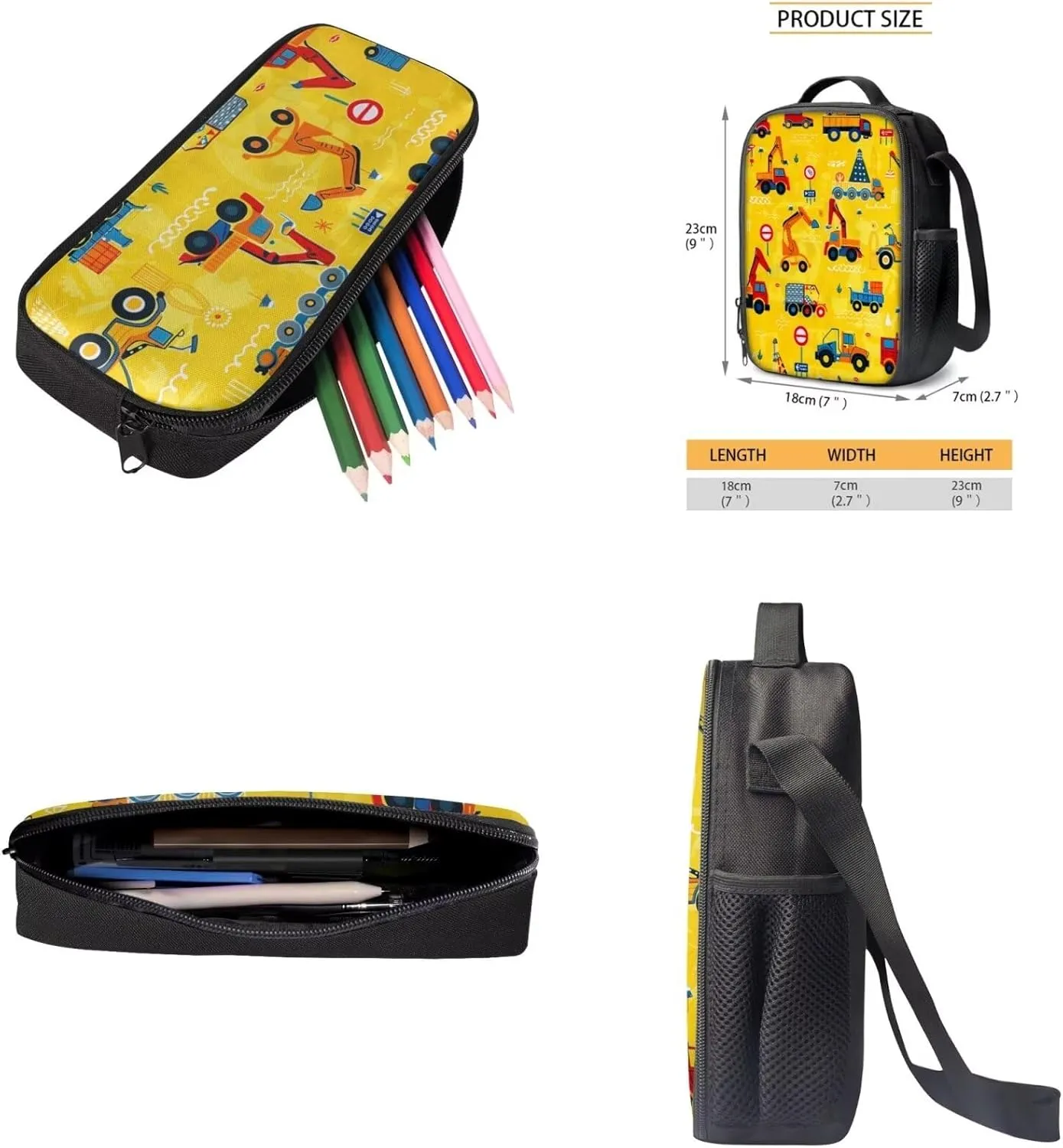 Lotusorchid Excavator Kids Backpack Cartoon for School, Kids School Bag with Lunch Bag Pencil Case, Comfy Bookbag with External Pocket, Kids 3 Pack Backpack Set for Elementary Junior School, Yellow