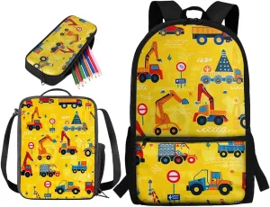 Lotusorchid Excavator Kids Backpack Cartoon for School, Kids School Bag with Lunch Bag Pencil Case, Comfy Bookbag with External Pocket, Kids 3 Pack Backpack Set for Elementary Junior School, Yellow
